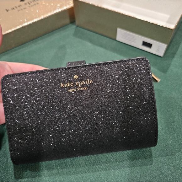 NIB Kate Spade Medium Boxed Glitter Compact Bifold Wallet in Black - Picture 9 of 15
